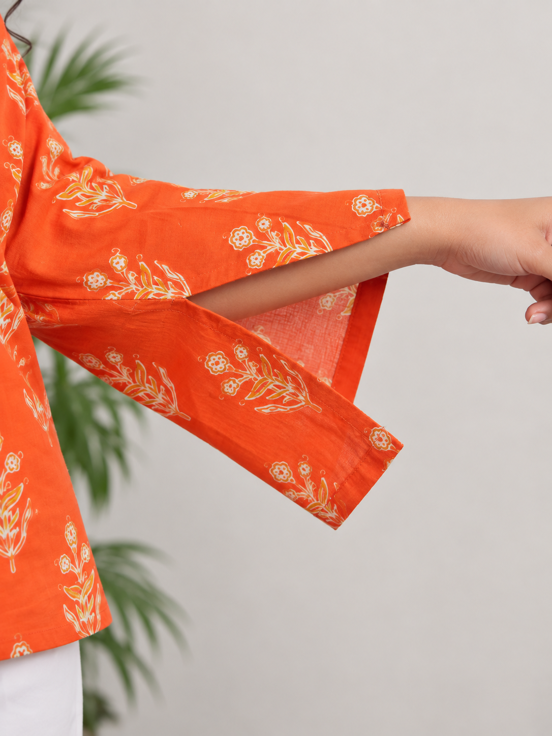 Women’s Rust Orange Floral Print Pure Cotton Short Kurti | Mandarin Notch Neck Ethnic Tunic Top