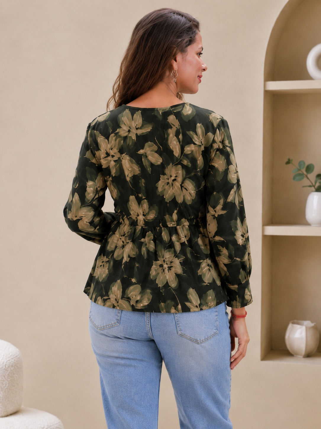 Kavya Olive Abstract Floral Peplum Top