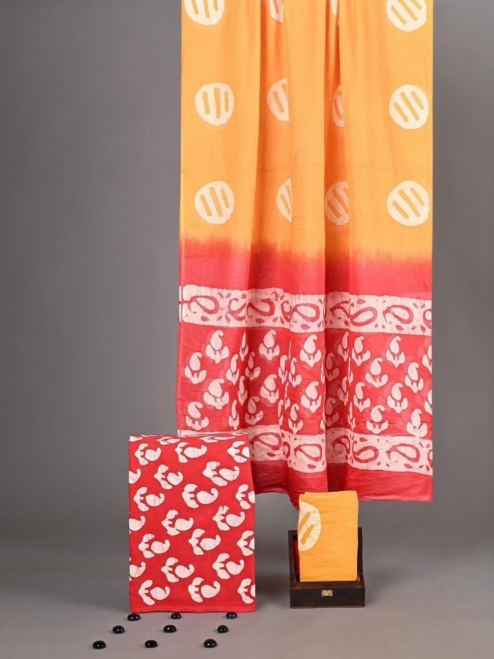 Marigold Dabu Coin-Motif Unstitched Cotton Fabric Set — Kairi Border