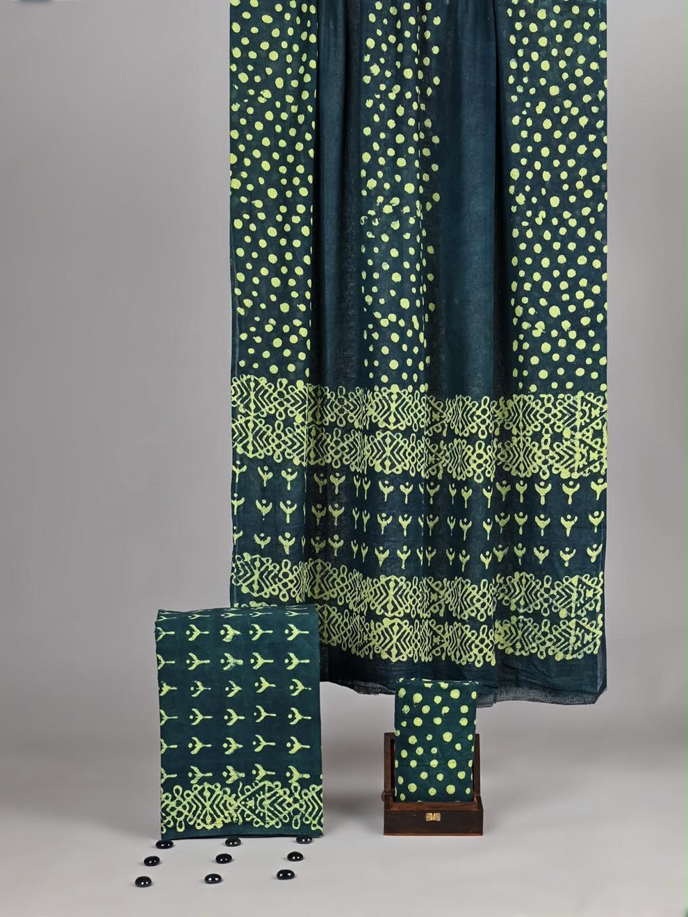Bagru Hand Block Print Cotton Suit Set — Bottle Green & Mustard Dot Print (Unstitched, 7.5m)