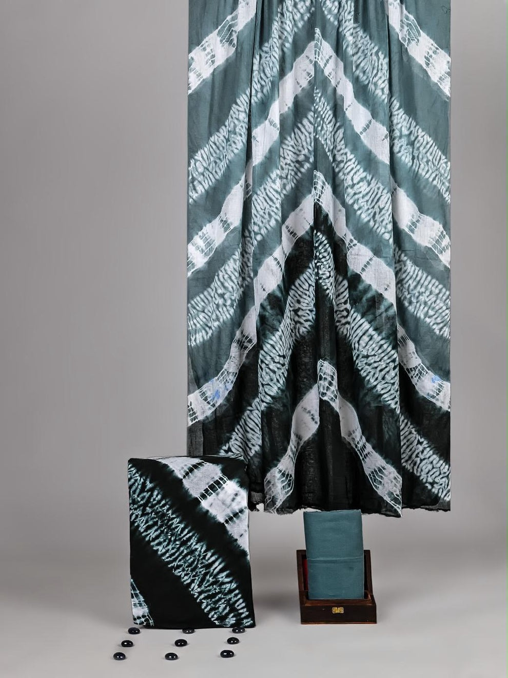 Sage-to-Charcoal Shibori Chevron Unstitched Cotton Fabric Set