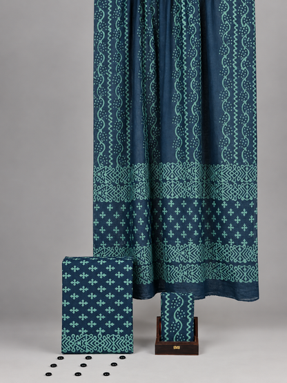 Saanvi Bagru Hand Block Print Cotton Suit Set — Indigo & Sage Bordered Dupatta (Unstitched, 7.5m)