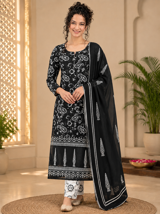 Monochrome Paisley Printed Pure Cotton Kurti Pant Dupatta Set for Office & Casual Wear
