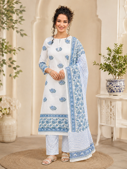 Hand Block Printed Pure Cotton 3-Piece Suit Set | White Blue Straight Kurta Set for Women