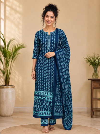 Indigo Blue & Teal Hand Block Printed Pure Cotton 3-Piece Suit Set | Straight Fit Kurta Pant Set