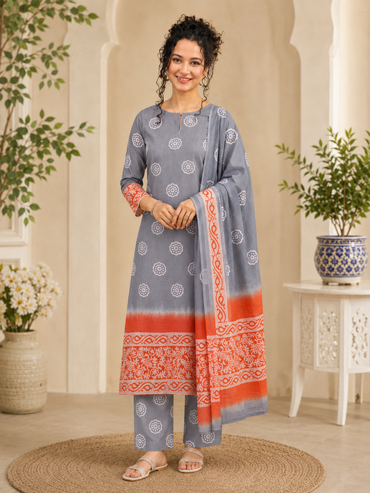 Elegant Grey & Coral Hand Block Printed Bagru Pure Cotton 3-Pc Dupatta Suit Set