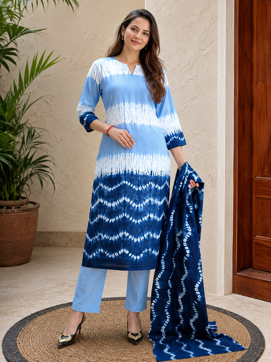 Sky-to-Indigo Shibori Ombre Unstitched Cotton Fabric Set — Chevron Wave Border