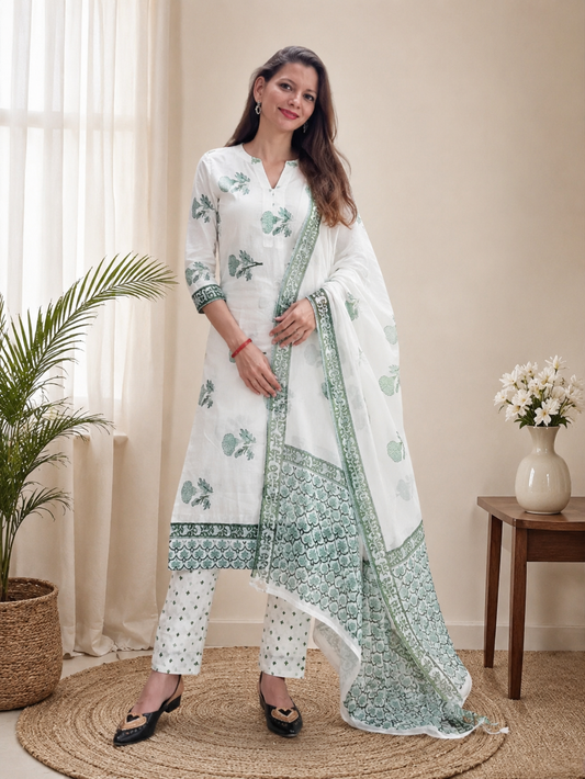 White & Green Botanical Hand Block Print Cotton Kurti Pant Dupatta Set for Office Wear