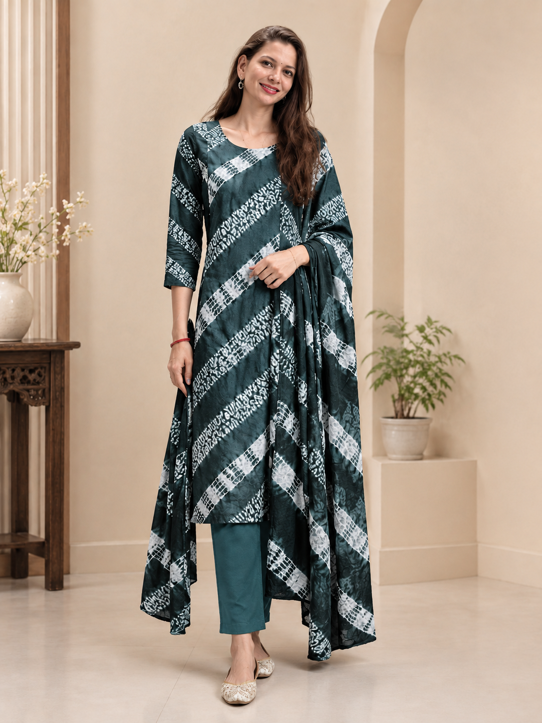 Sage-to-Charcoal Shibori Chevron Unstitched Cotton Fabric Set