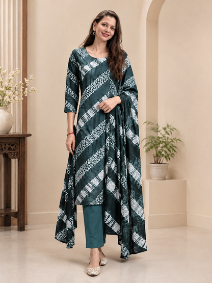 Sage-to-Charcoal Shibori Chevron Unstitched Cotton Fabric Set