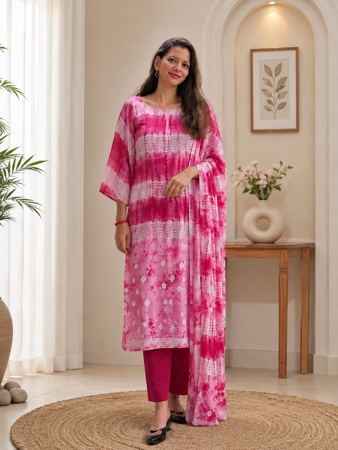 Blush-to-Berry Shibori Chevron Unstitched Cotton Fabric Set
