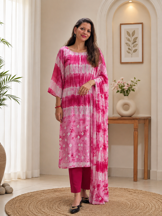 Blush-to-Berry Shibori Chevron Unstitched Cotton Fabric Set