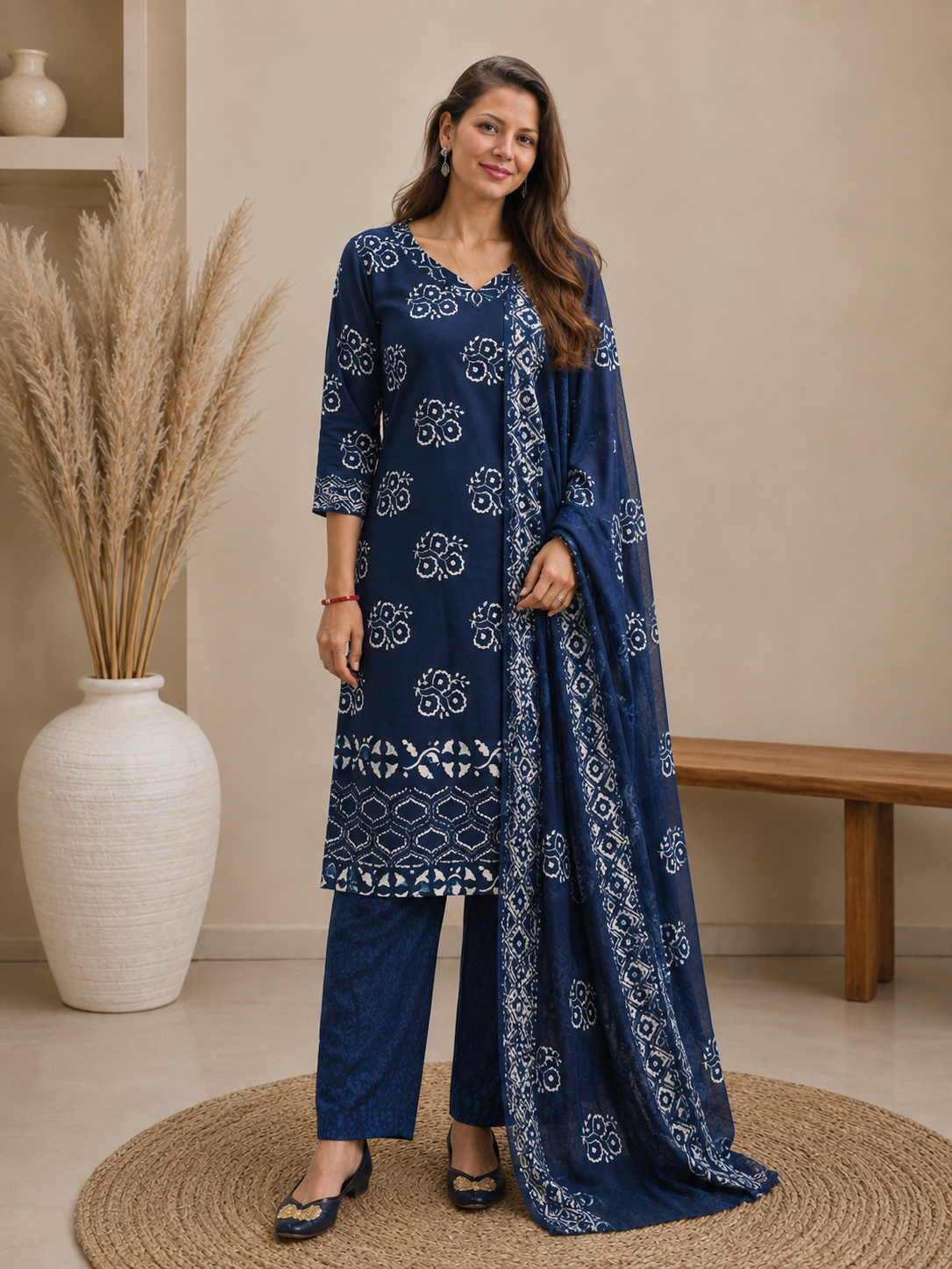Navy Blue Hand Block Printed Pure Cotton 3-Piece Suit Set | Straight Fit Kurta Pant Set