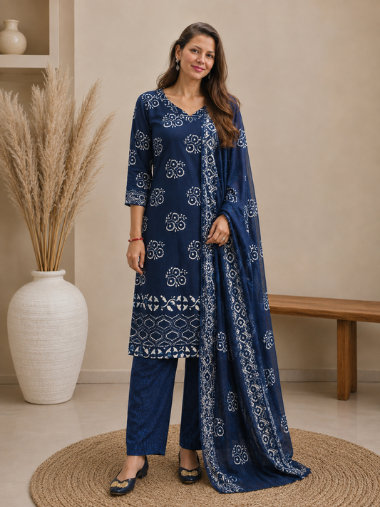 Navy Blue Hand Block Printed Pure Cotton 3-Piece Suit Set | Straight Fit Kurta Pant Set