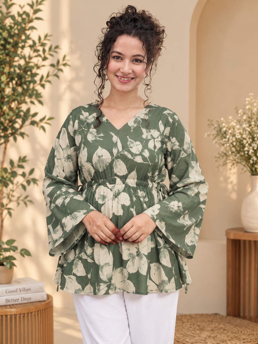 Women's Sage Green Botanical Floral Pure Cotton Short Kurti | V-Neck Flared Sleeve Peplum Tunic