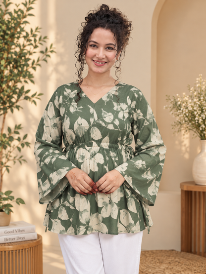Women's Sage Green Botanical Floral Pure Cotton Short Kurti | V-Neck Flared Sleeve Peplum Tunic