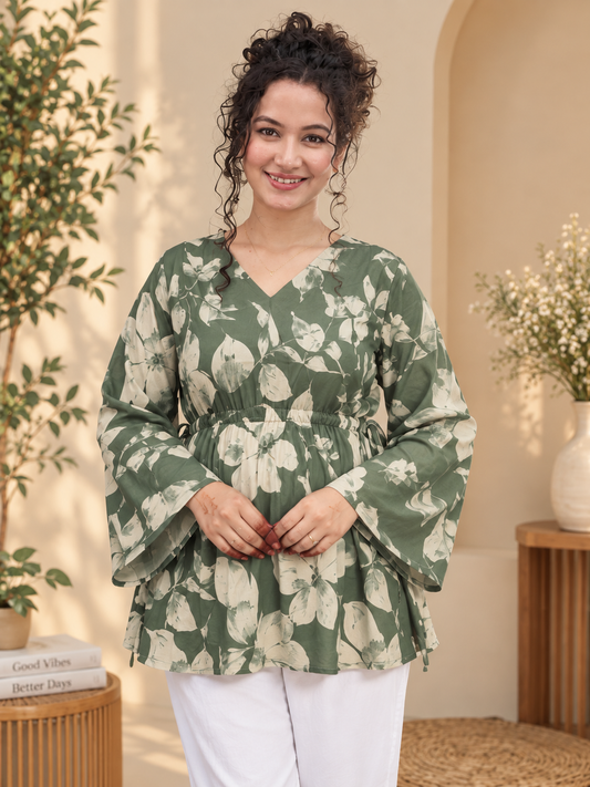Women's Sage Green Botanical Floral Pure Cotton Short Kurti | V-Neck Flared Sleeve Peplum Tunic
