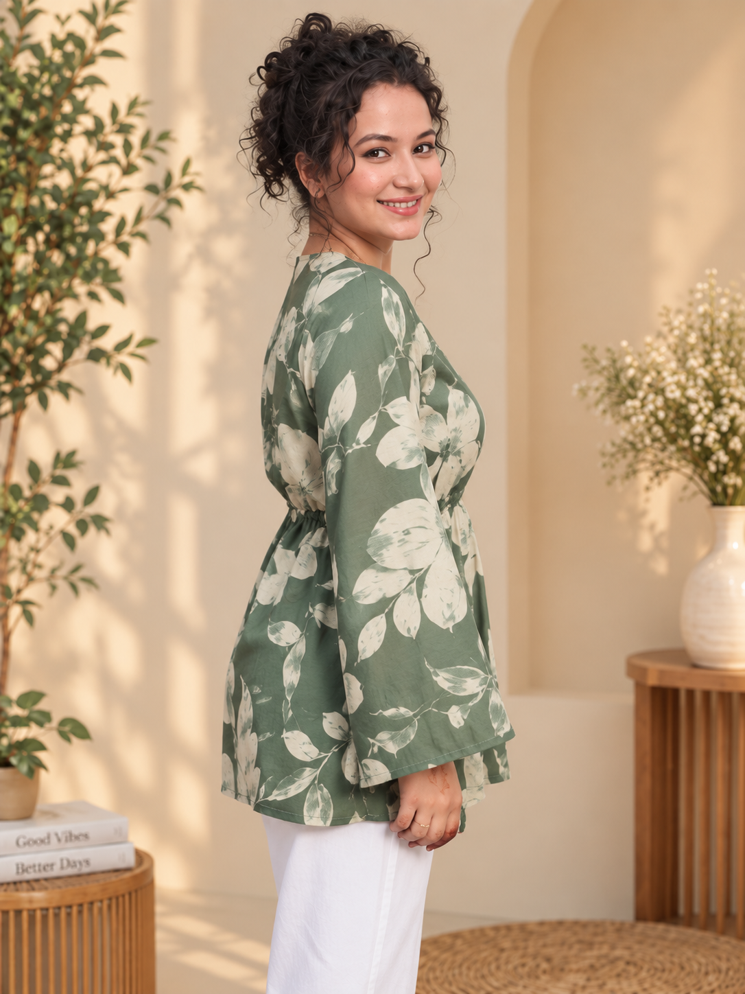 Women's Sage Green Botanical Floral Pure Cotton Short Kurti | V-Neck Flared Sleeve Peplum Tunic