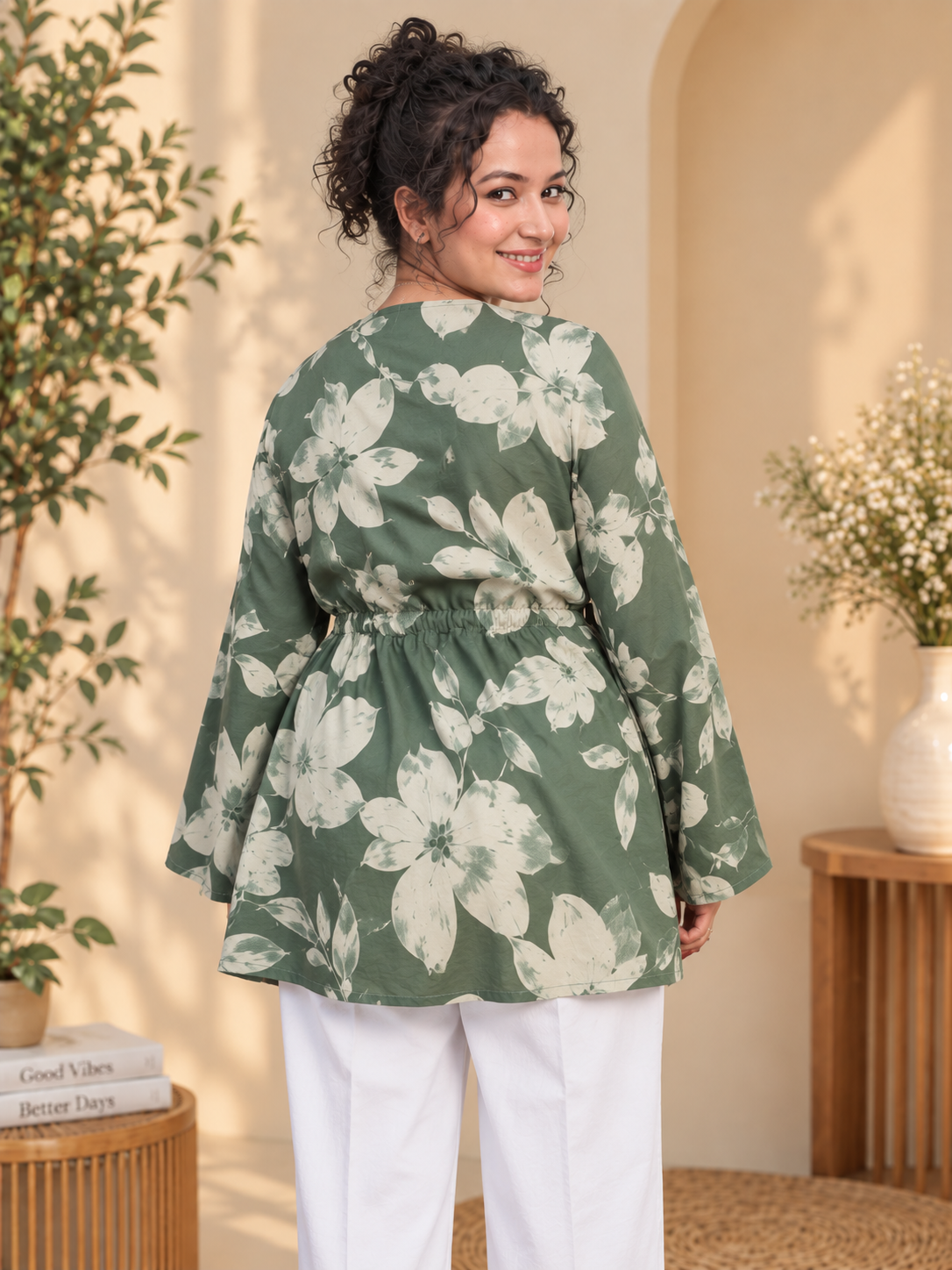 Women's Sage Green Botanical Floral Pure Cotton Short Kurti | V-Neck Flared Sleeve Peplum Tunic