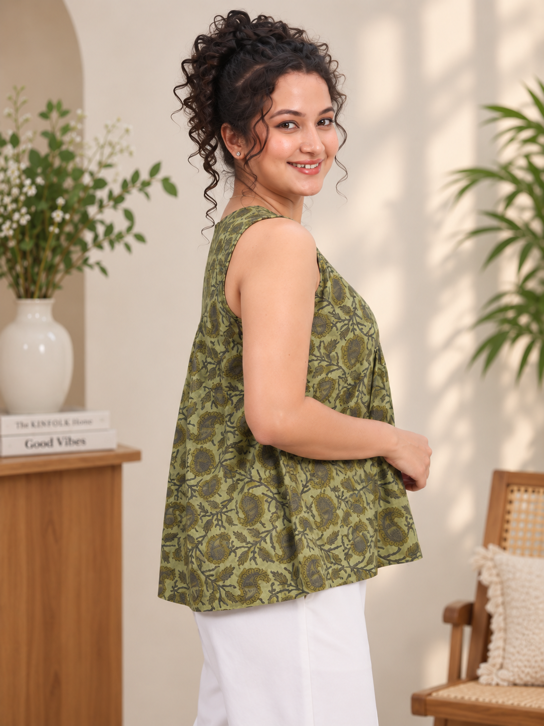 Olive Green Floral Printed Cotton Sleeveless Short Kurti | V-Neck Gathered Flare Tunic Top for Women