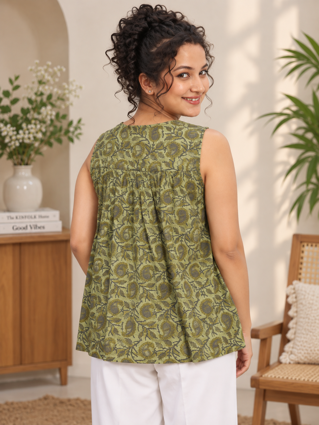 Olive Green Floral Printed Cotton Sleeveless Short Kurti | V-Neck Gathered Flare Tunic Top for Women