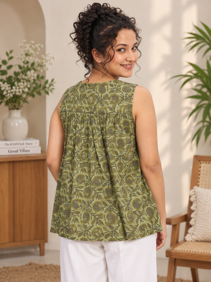 Olive Green Floral Printed Cotton Sleeveless Short Kurti | V-Neck Gathered Flare Tunic Top for Women