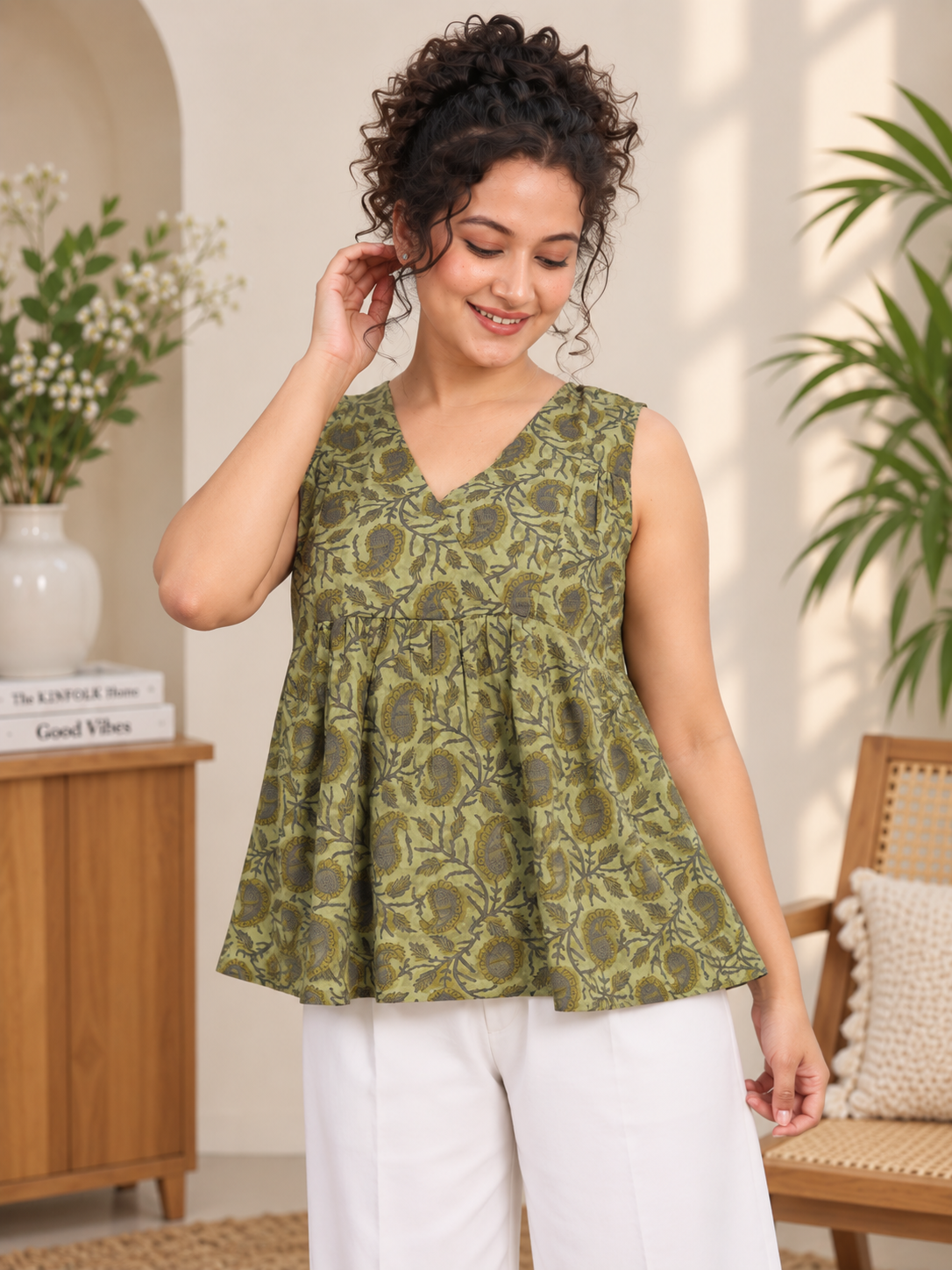 Olive Green Floral Printed Cotton Sleeveless Short Kurti | V-Neck Gathered Flare Tunic Top for Women