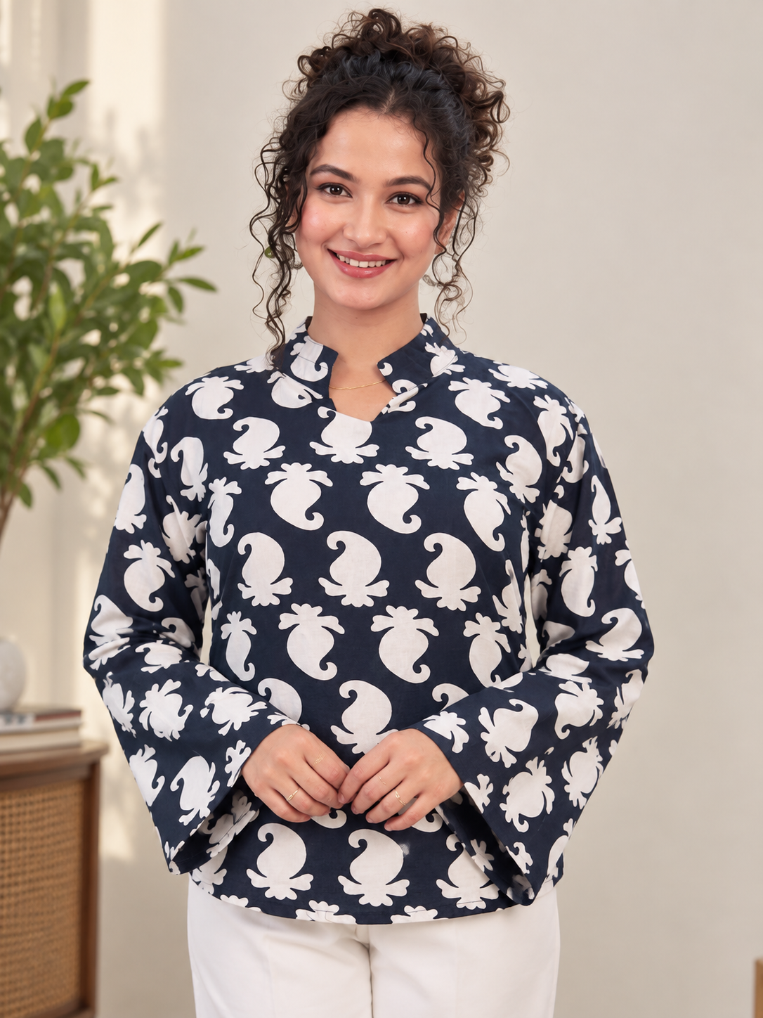 Noor Black Paisley Relaxed Kurti | V-Notch Collar Tunic Top with Slit Sleeves
