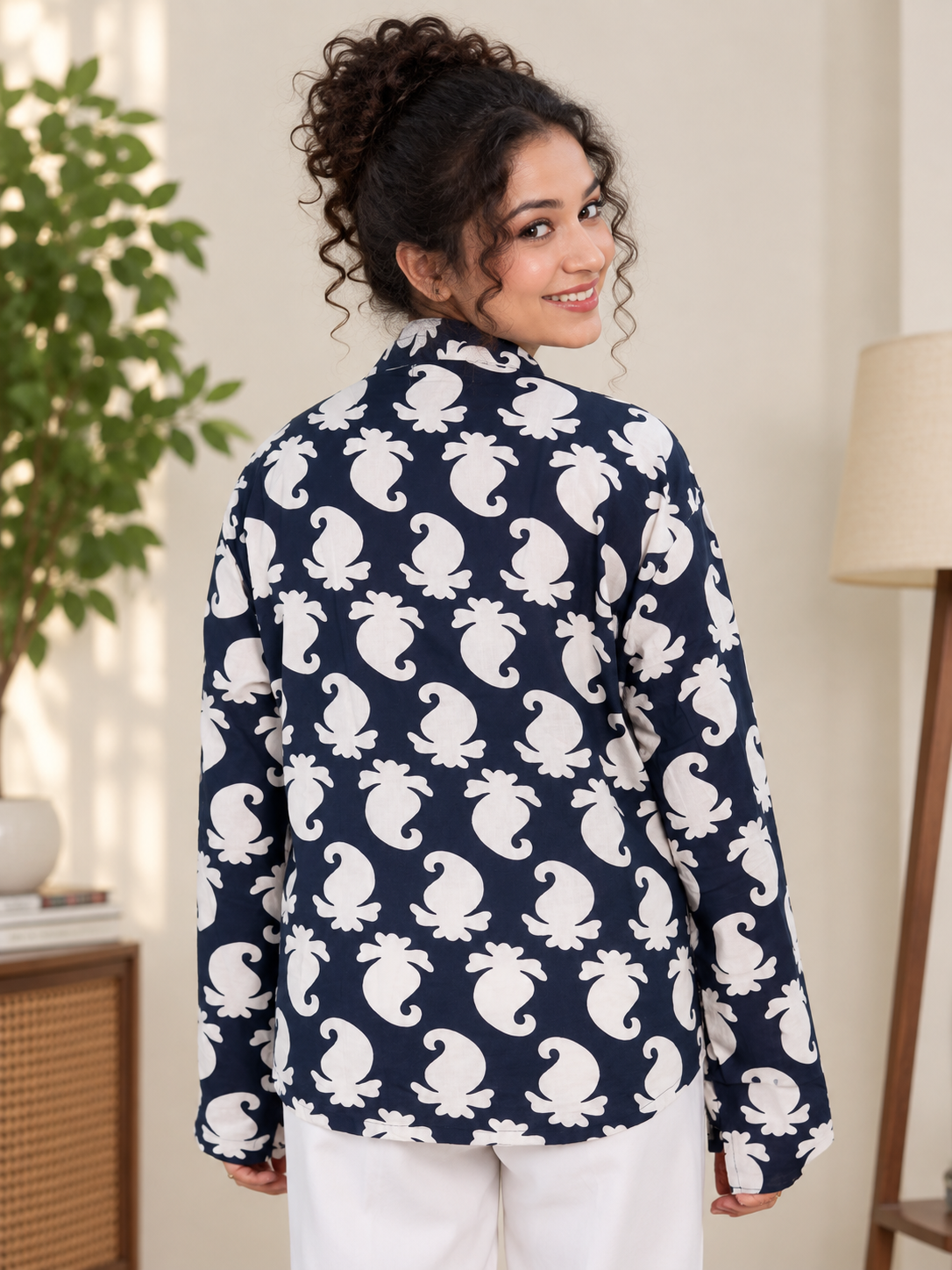 Noor Black Paisley Relaxed Kurti | V-Notch Collar Tunic Top with Slit Sleeves