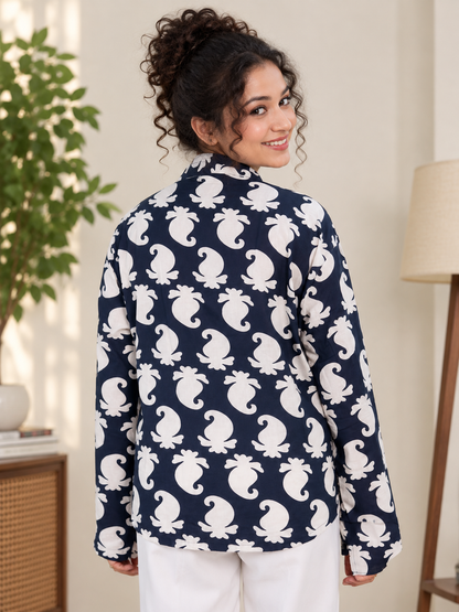 Noor Black Paisley Relaxed Kurti | V-Notch Collar Tunic Top with Slit Sleeves