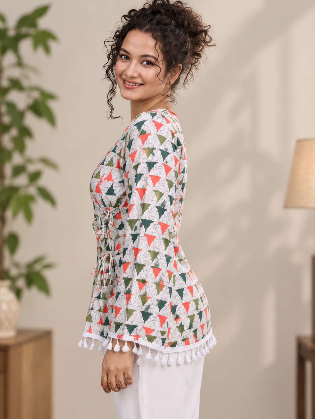 Multicolor Geometric Printed Cotton Angrakha Short Kurti | Tassel Lace Border V-Neck Tunic Top