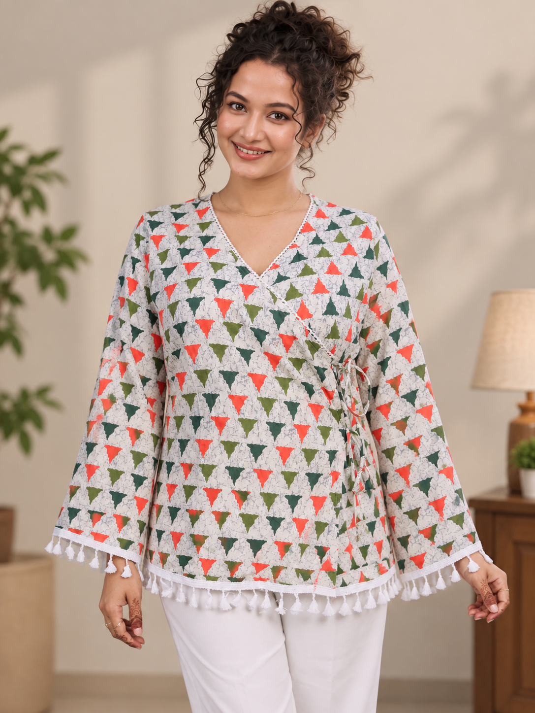 Multicolor Geometric Printed Cotton Angrakha Short Kurti | Tassel Lace Border V-Neck Tunic Top