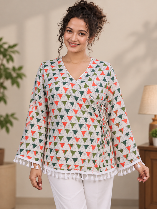 Multicolor Geometric Printed Cotton Angrakha Short Kurti | Tassel Lace Border V-Neck Tunic Top