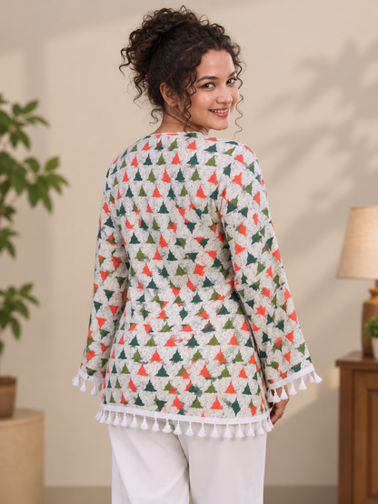 Multicolor Geometric Printed Cotton Angrakha Short Kurti | Tassel Lace Border V-Neck Tunic Top