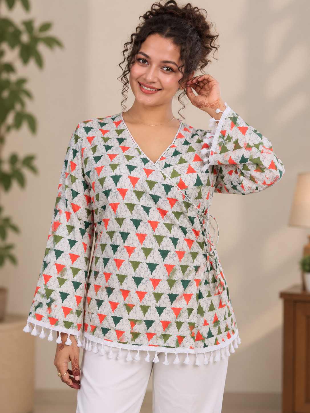 Multicolor Geometric Printed Cotton Angrakha Short Kurti | Tassel Lace Border V-Neck Tunic Top