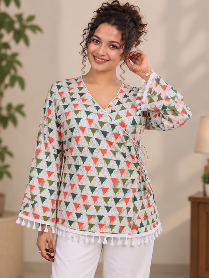 Multicolor Geometric Printed Cotton Angrakha Short Kurti | Tassel Lace Border V-Neck Tunic Top