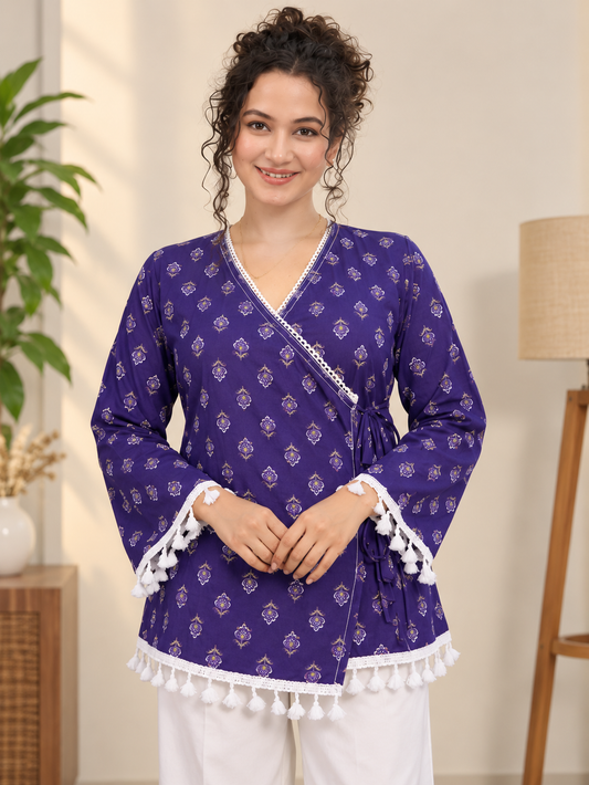 Royal Purple Printed Cotton Angrakha Short Kurti | White Lace & Tassel Border V-Neck Tunic Top