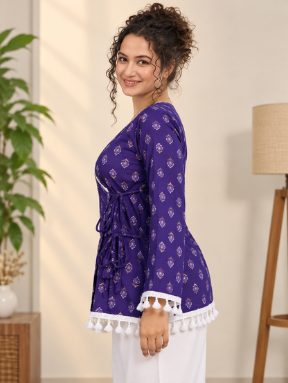 Royal Purple Printed Cotton Angrakha Short Kurti | White Lace & Tassel Border V-Neck Tunic Top
