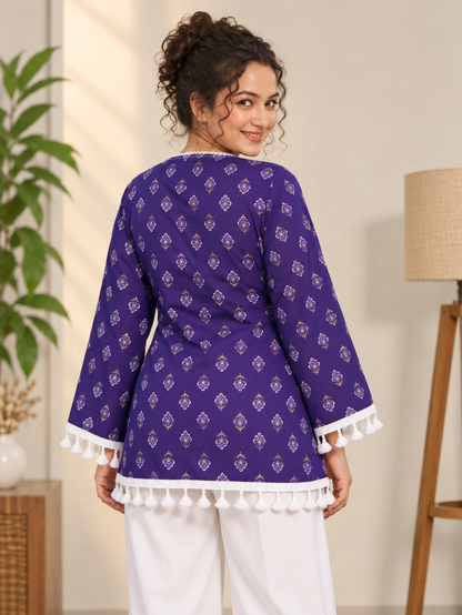 Royal Purple Printed Cotton Angrakha Short Kurti | White Lace & Tassel Border V-Neck Tunic Top