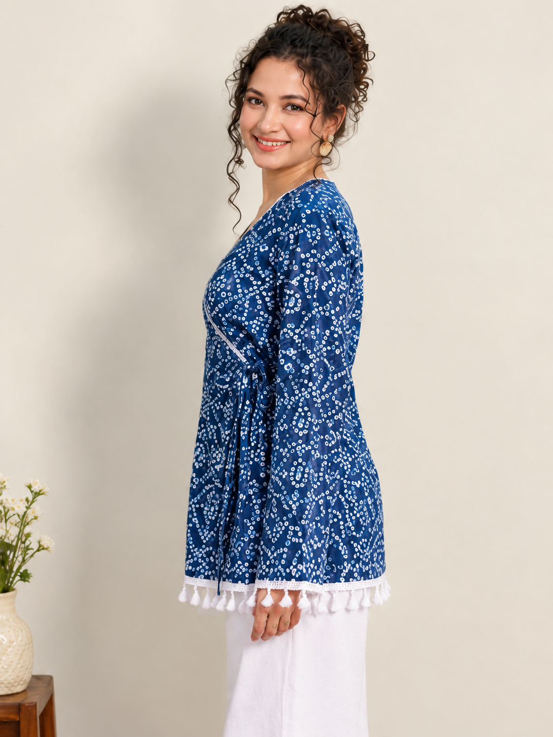 Traditional Bandhani Blue Cotton Wrap Style Short Kurti with White Lace and Tassel Detail