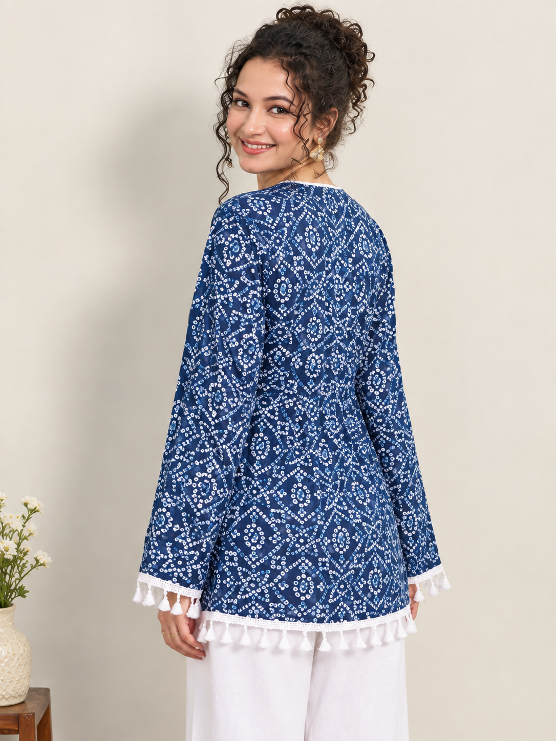Traditional Bandhani Blue Cotton Wrap Style Short Kurti with White Lace and Tassel Detail