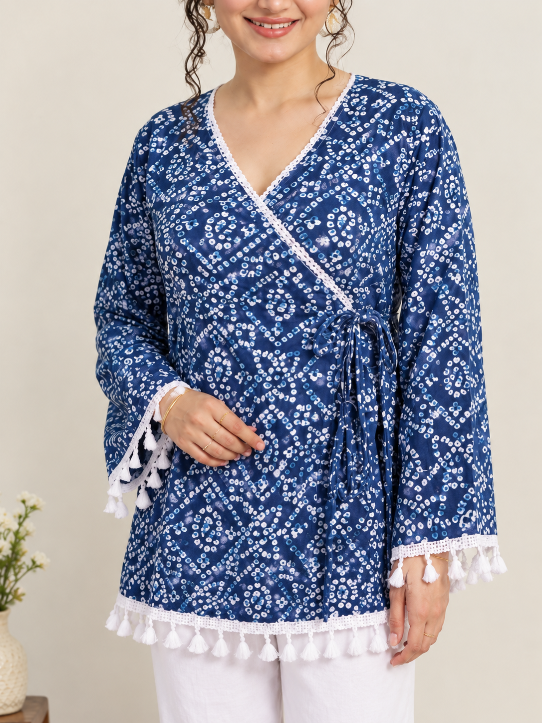 Traditional Bandhani Blue Cotton Wrap Style Short Kurti with White Lace and Tassel Detail