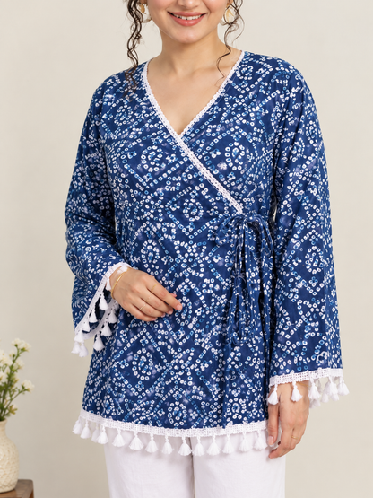 Traditional Bandhani Blue Cotton Wrap Style Short Kurti with White Lace and Tassel Detail