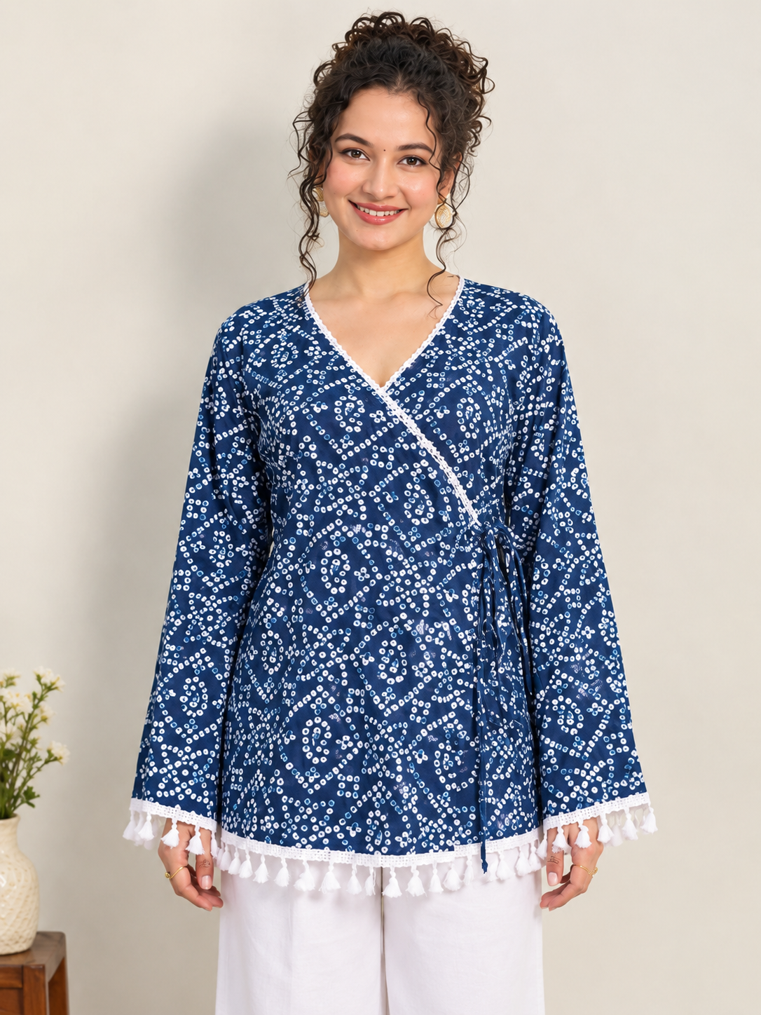 Traditional Bandhani Blue Cotton Wrap Style Short Kurti with White Lace and Tassel Detail