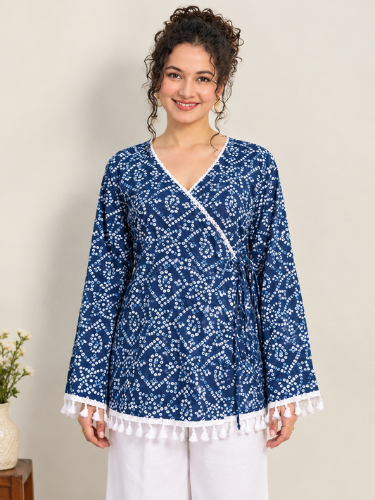 Traditional Bandhani Blue Cotton Wrap Style Short Kurti with White Lace and Tassel Detail
