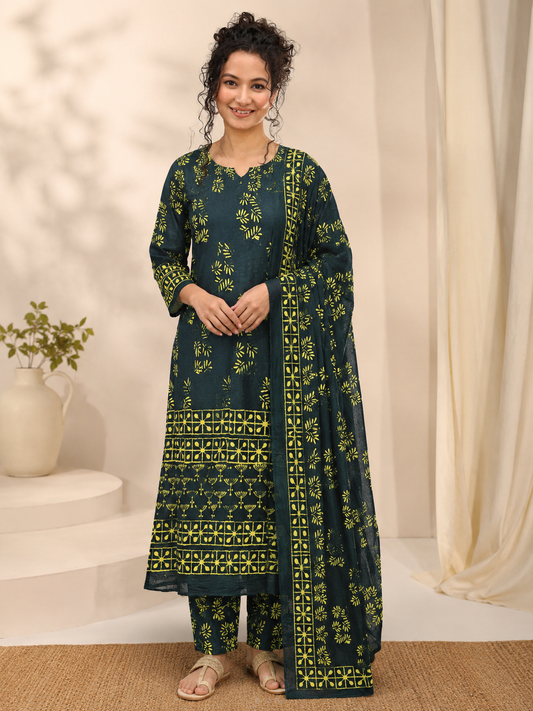 Van Bagru Hand Block Print Cotton Suit Set — Bottle Green & Mustard (Unstitched, 7.5m)