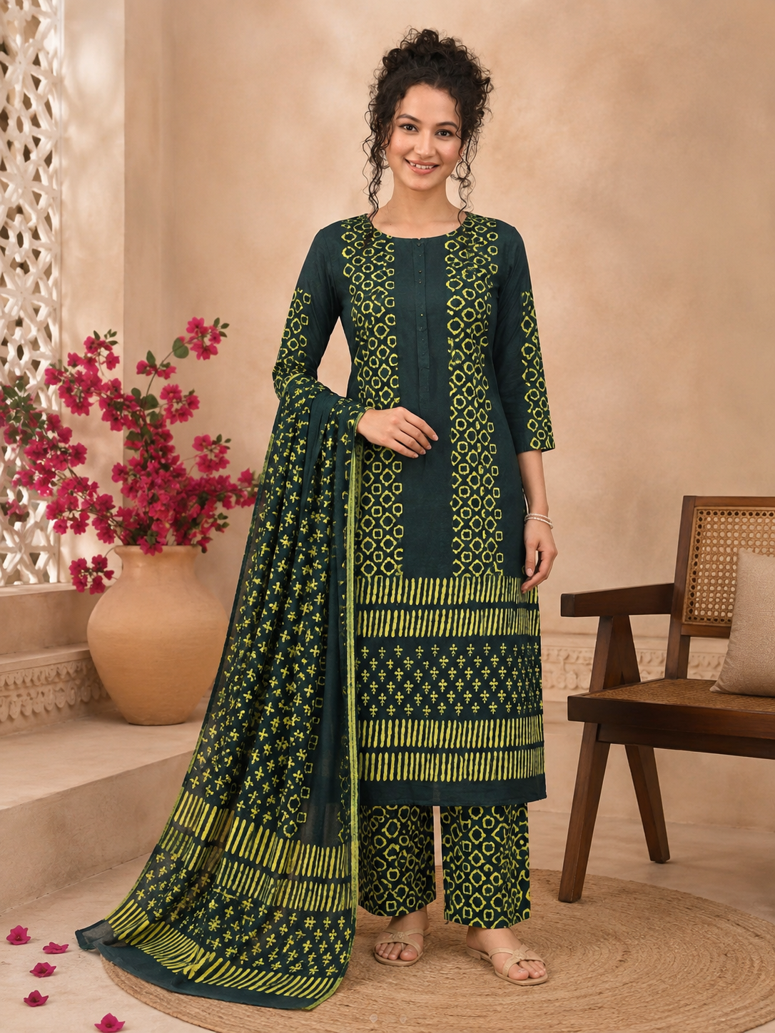 Kunj Bagru Hand Block Print Cotton Suit Set — Teal Green Bordered Dupatta (Unstitched, 7.5m)