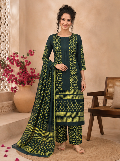 Kunj Bagru Hand Block Print Cotton Suit Set — Teal Green Bordered Dupatta (Unstitched, 7.5m)
