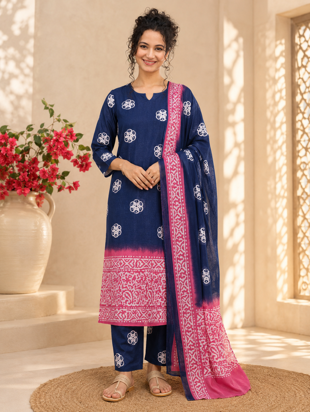 Ranjana Bagru Dabu Print Cotton Suit Set — Indigo & Fuchsia (Unstitched, 7.5m)