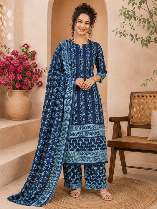 Nadia Bagru Hand Block Print Cotton Suit Set — Indigo & Turquoise Bordered Dupatta (Unstitched, 7.5m)